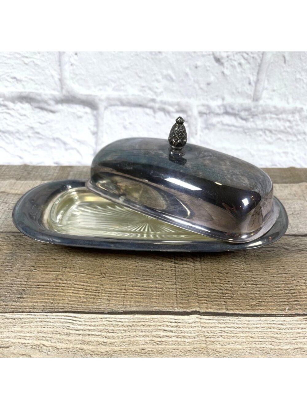 VTG Silver Plate MCM Covered Butter Dish Wm Rogers  Starburst Glass Insert Lid